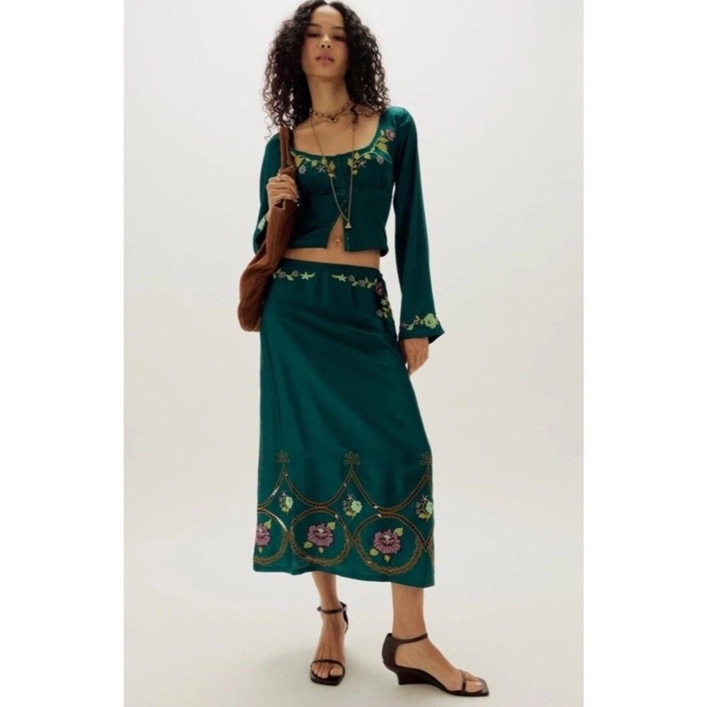 $228  Free People Autumn Bloom Midi Skirt Set in forest combo Sz XS NWT